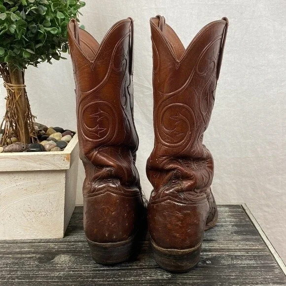 Lucchese 100% Leather full Quill Ostrich Brown Western Cowboy Boots 8